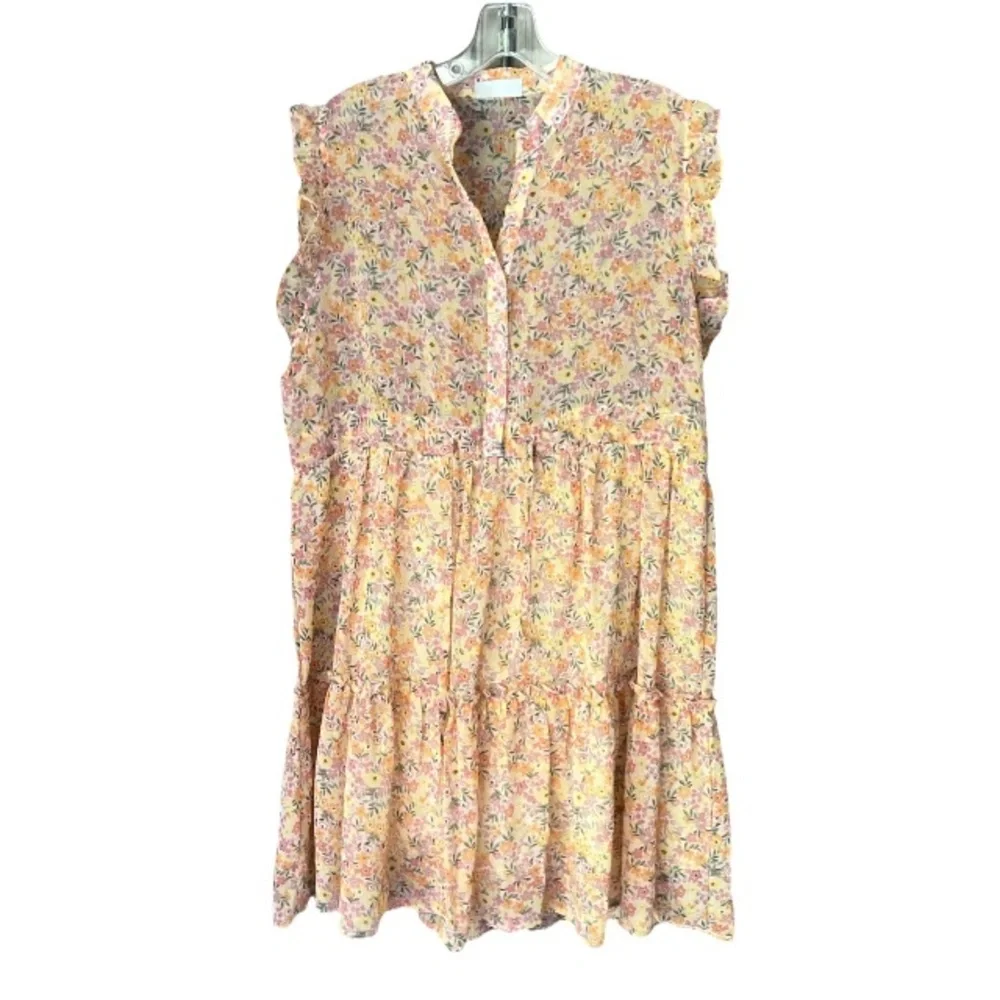Q2 Savanna Floral Baby Doll Dress Womens Large Yellow Tiered Ruffle Sleeveless M